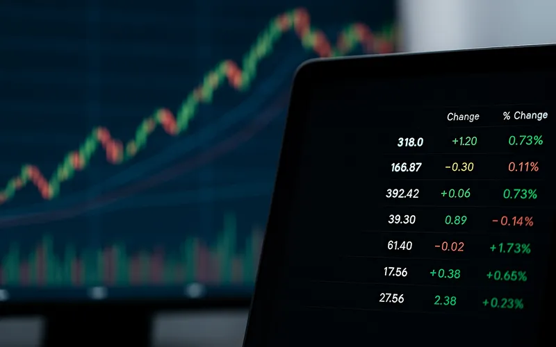 Stock market screens showing a candlestick chart and a list of price changes with positive and negative percentages.