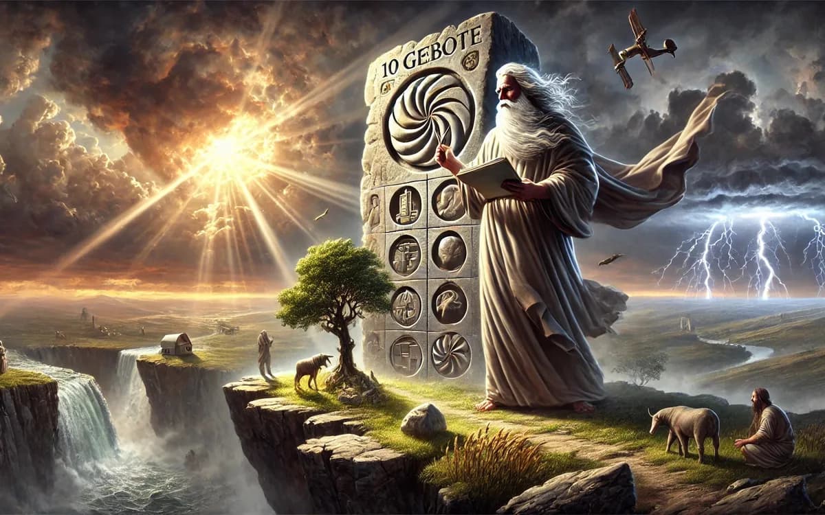 Bild, auf dem Moses die 10 Gebote empfängt